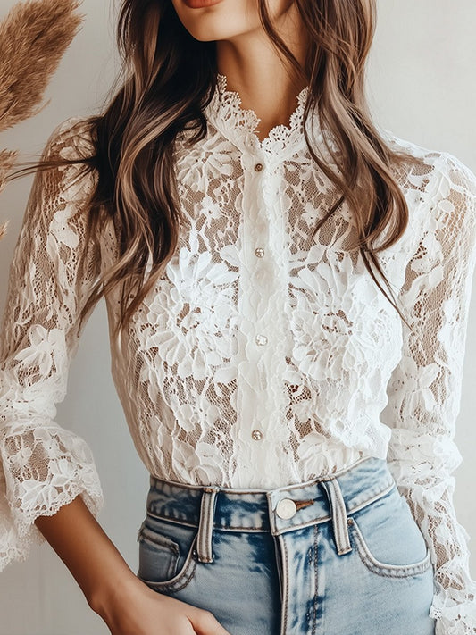 (ship in 24hrs)Graceful White Lace High-Neck Blouse