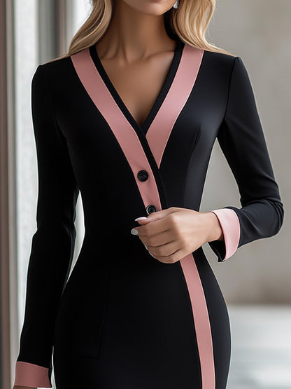 (clearance)Contrast-Trim Long-Sleeve Bodycon Dress