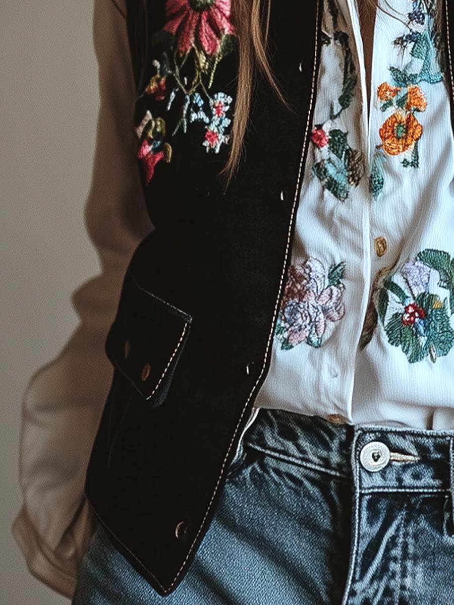 (clearance)Women's Velvet Colorful Floral Embroidered Vest