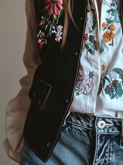 (clearance)Women's Velvet Colorful Floral Embroidered Vest
