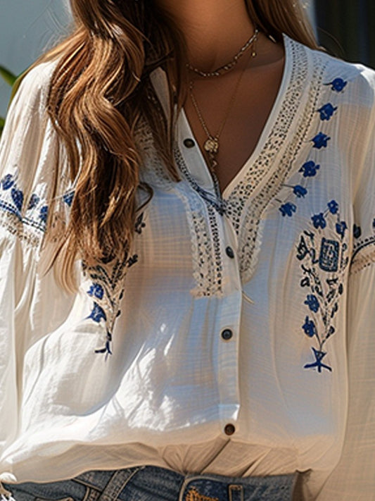 (clearance)V-neck Cotton and Linen Embroidery Stitching Hollow Top