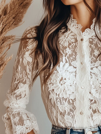 (ship in 24hrs)Graceful White Lace High-Neck Blouse