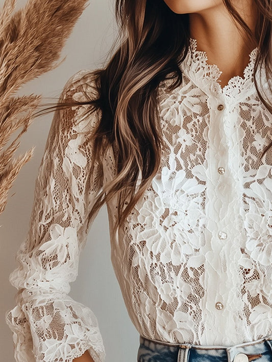 (ship in 24hrs)Graceful White Lace High-Neck Blouse