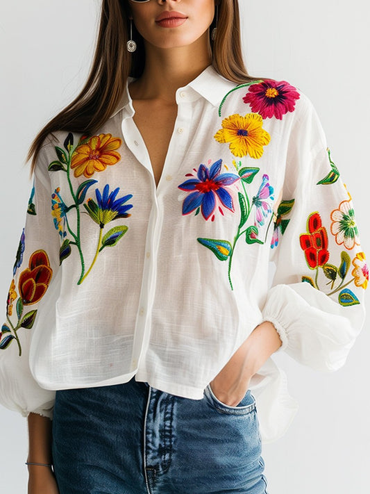 (clearance)White Embroidered Cotton and Linen Long Sleeve Blouse