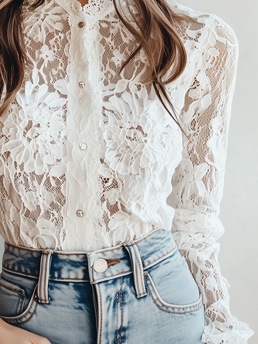 (ship in 24hrs)Graceful White Lace High-Neck Blouse