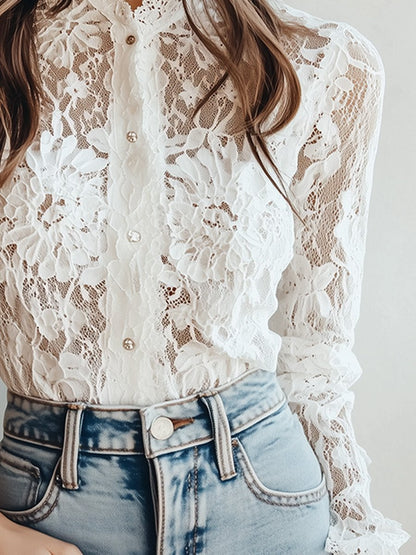 (ship in 24hrs)Graceful White Lace High-Neck Blouse