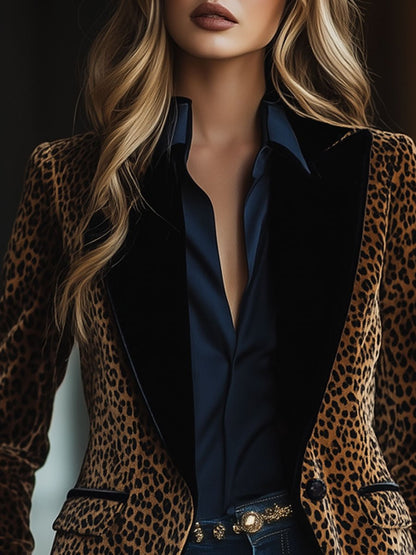 【24-hour shipping out】Casual Retro Leopard Print Colorblock Lapel Pocket Blazer