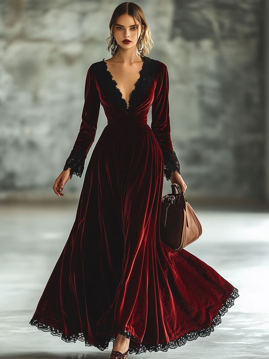 【24-hour shipping out】Fashion Retro V-neck Lace Splicing Long Sleeve Maxi Dress