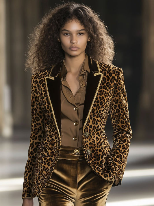 【24-hour shipping out】Casual Fashion Velvet Leopard Print Contrast Lapel Gold Edge Blazer