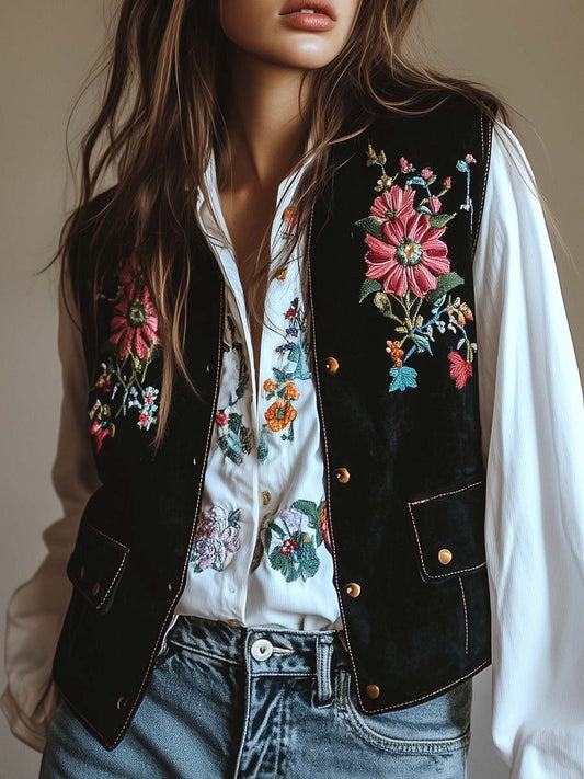 (clearance)Women's Velvet Colorful Floral Embroidered Vest