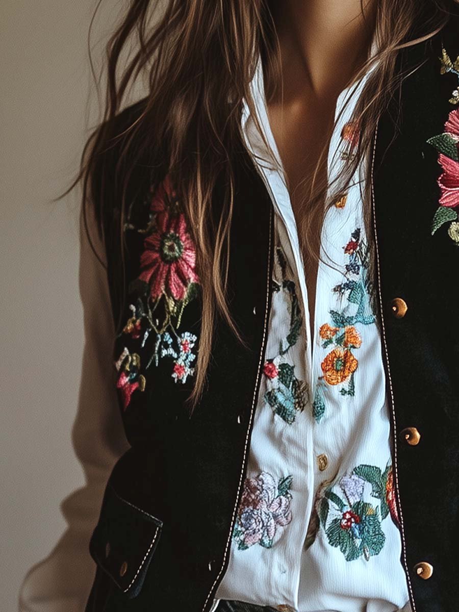 (clearance)Women's Velvet Colorful Floral Embroidered Vest