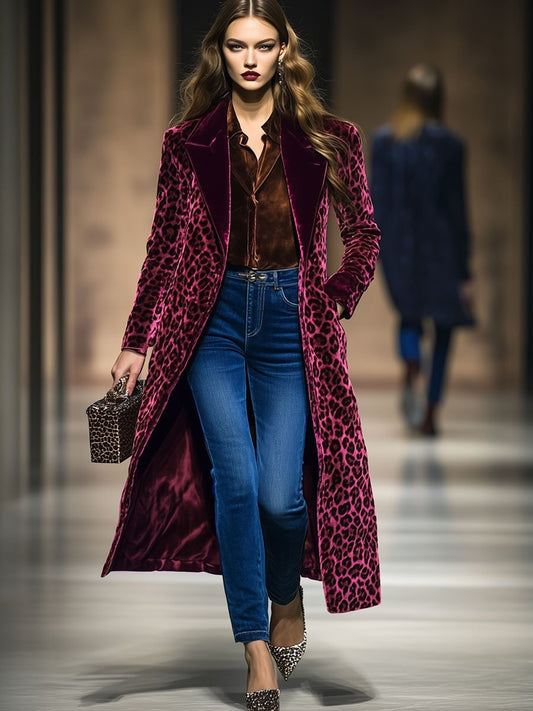 【24-hour shipping out】Casual Loose Vintage Velvet Leopard Print Colorblock Lapel Coat