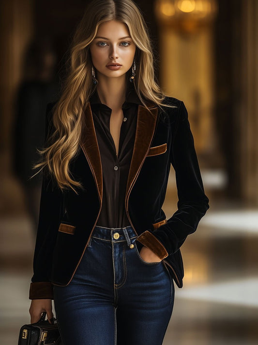 【24-hour shipping out】Casual Loose Retro Black And Brown Velvet Color Matching Blazer