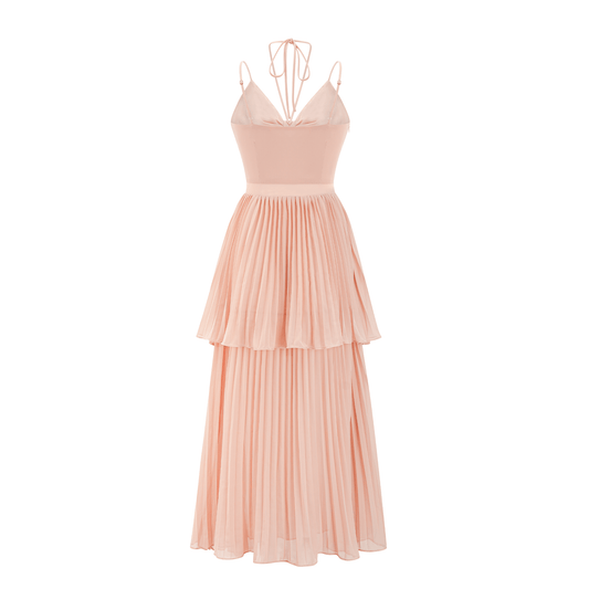Olympe pink pleated tiered midi dress