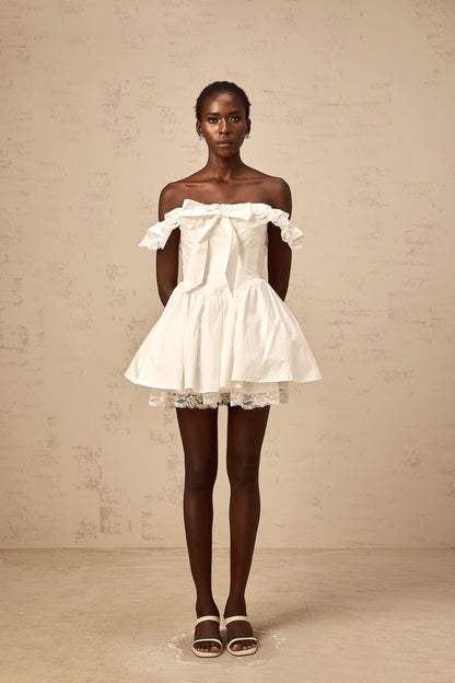 Arsène white oversize-bow ruffled mini dress