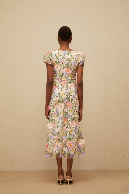 Enjouée Neutral Floral Embroidered Midi Dress