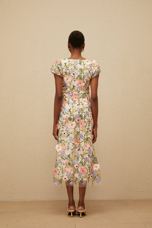 Enjouée Neutral Floral Embroidered Midi Dress