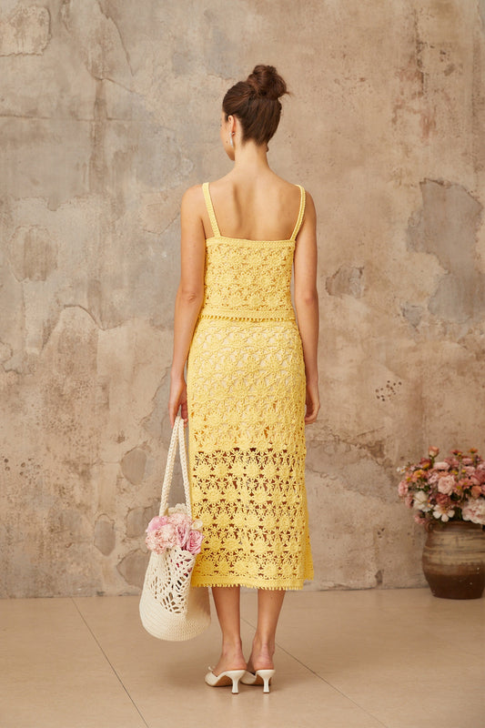 Isoline yellow crochet-knit top & skirt matching set