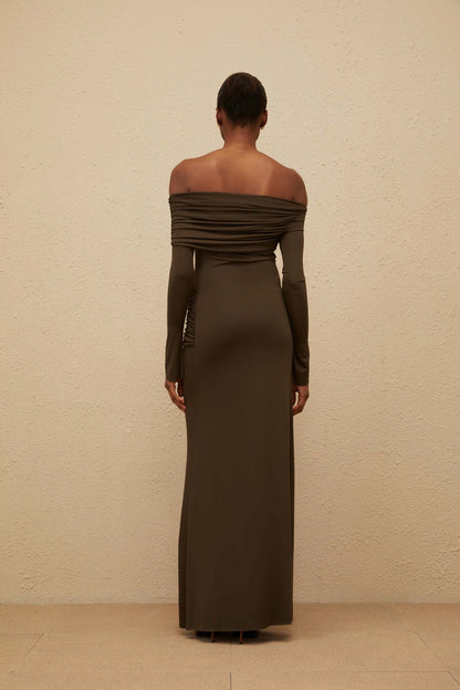 Sensuelle Green One-Shoulder Ruched Maxi Dress