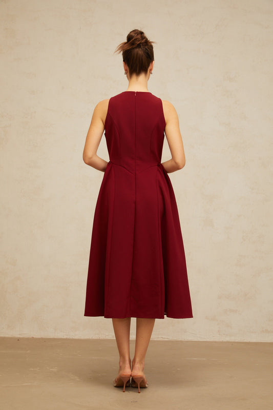 Amandine red flower-motif pleated midi tank dress
