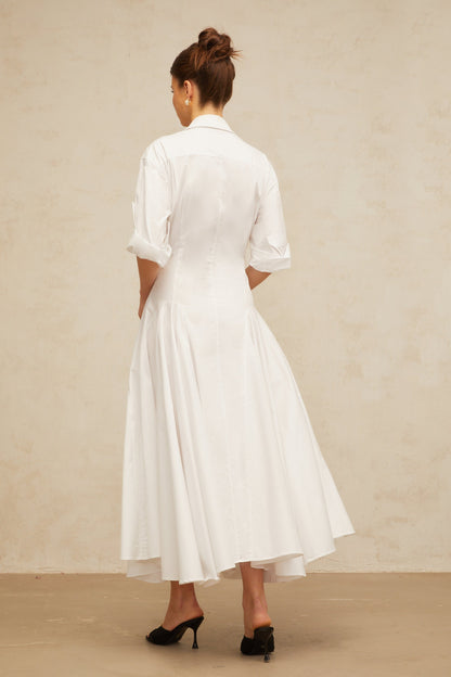 Dulcie white front-slit shirred shirt dress