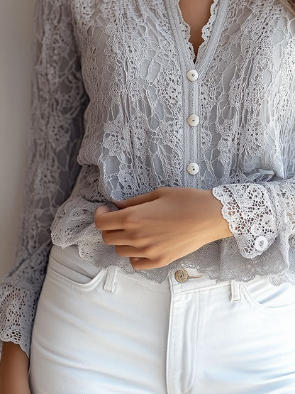 (clearance)Stylish V-neck Button Down Long Sleeve Lace Shirt