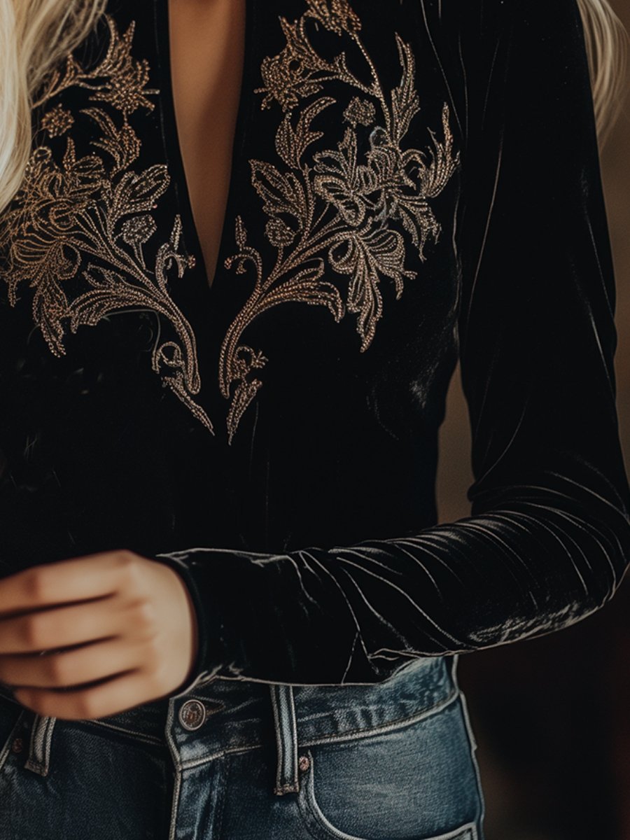 (sale)Elegant V-neck Embroidery Velvet Long Sleeves Top