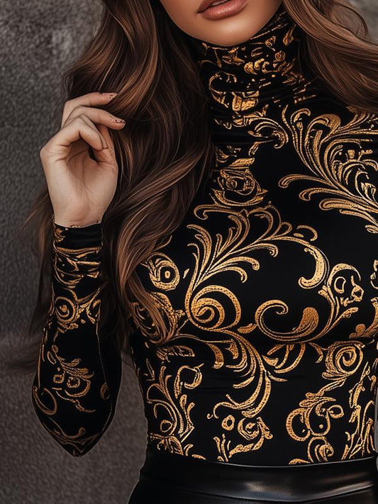 (clearance)Vintage Turtleneck Baroque Pattern Long Sleeve T-shirt