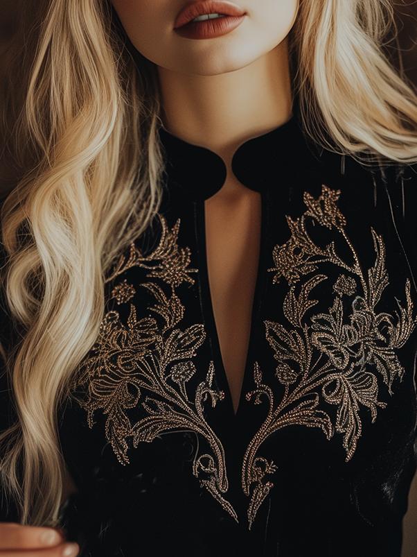 (sale)Elegant V-neck Embroidery Velvet Long Sleeves Top