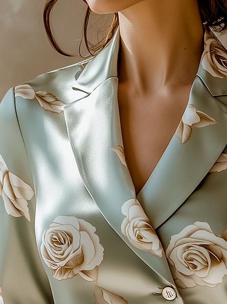 (ship in 24hrs)Elegant Lapel Rose Pattern Side Button Down Satin Shirt
