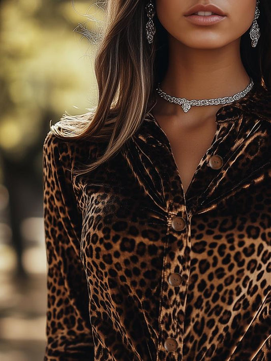 (clearance)Stylish Single-breasted Leopard Pattern Velvet Shirt