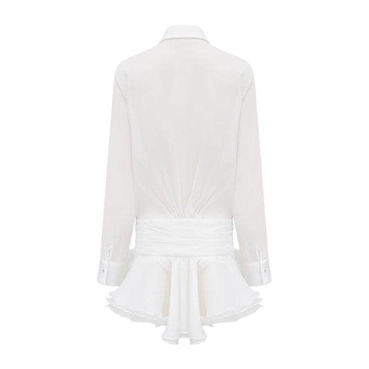 Renée white ruffled mini shirt dress