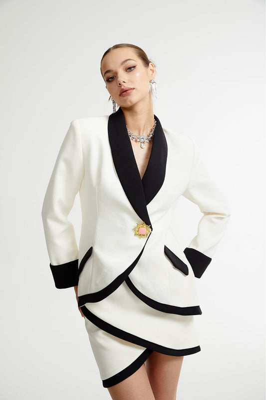 Vespera Contrast Color Two-Piece Jacket and Skirt Set
